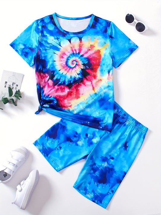 Blue Tie Dye Two-Piece Set, Short Sleeve T-Shirt Top + Shorts Set Sweet Fashion Clothes Girls Summer Outfit