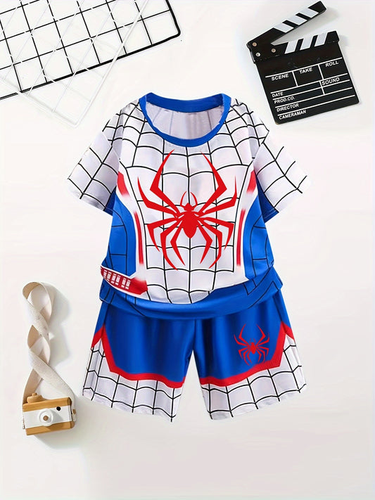 2pcs Boys Casual Cool Spider Print Comfortable Versatile Short Sleeve T-shirt & Shorts Set, Cool, Lightweight And Comfy Summer Clothes!