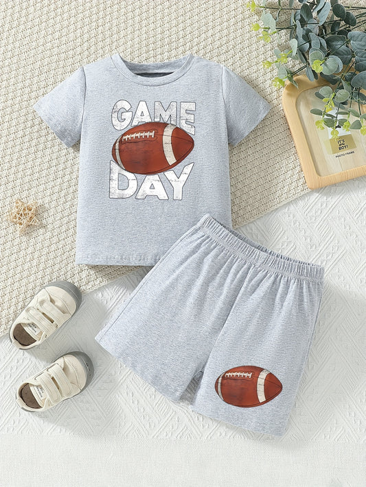 2pcs Cute Football GAME DAY Print Casual Short Sleeve T-shirt & Shorts Set For Boys & Baby Boys, Cool Comfortable Trendy Versatile Toddlers Boys Summer Outfits Clothes