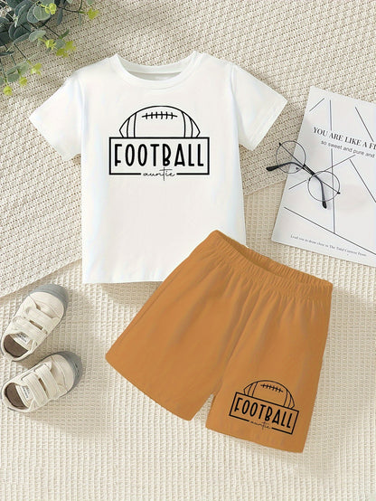 2pcs Cute FOOTBALL Print Casual Short Sleeve T-shirt & Shorts Set For Boys & Baby Boys, Cool Comfortable Trendy Versatile Toddlers Boys Summer Outfits Clothes