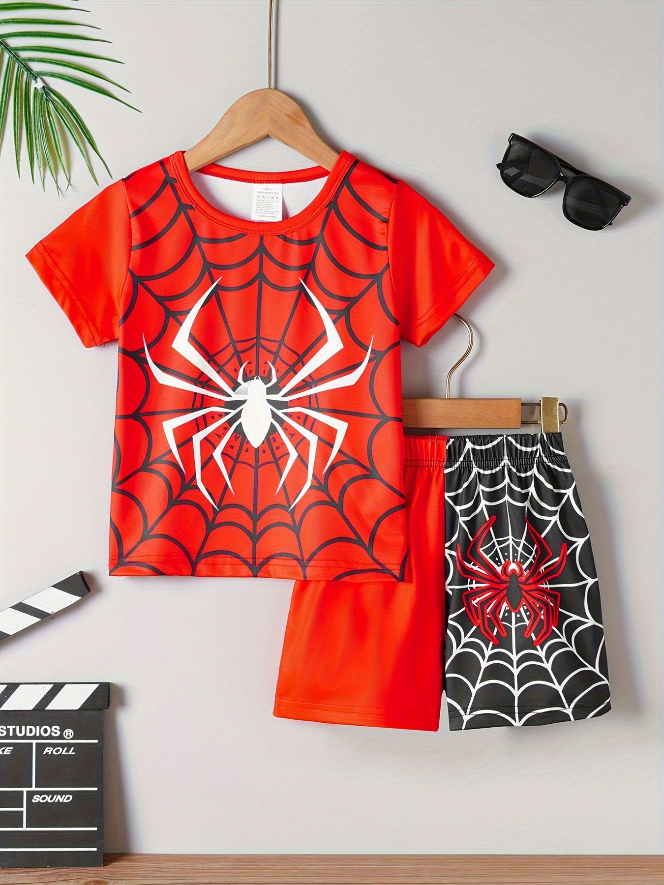 2 Pcs Boy's Cool Spider Color-block 3D Print Short Sleeve T-Shirts & Elastic Shorts Pajama Set, Comfortable & Skin-friendly Style Pajamas For Boy's Cozy Loungewear