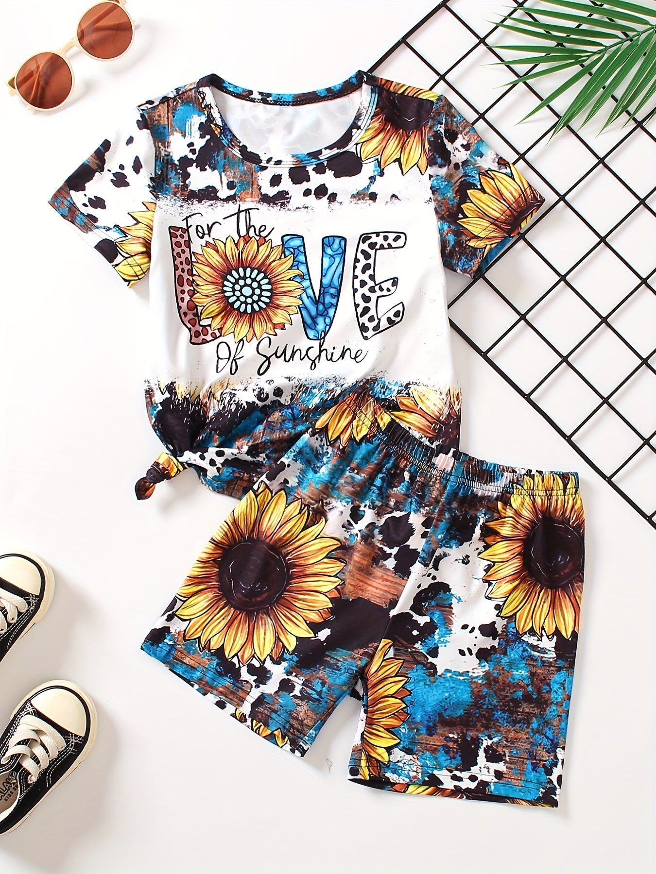 Girls 2pcs T-shirt & Elastic Waist Shorts PERFECTLY IMPERFECT Sunflower Print Crew Neck Short Sleeve Tee Top Casual Kids Clothes Summer