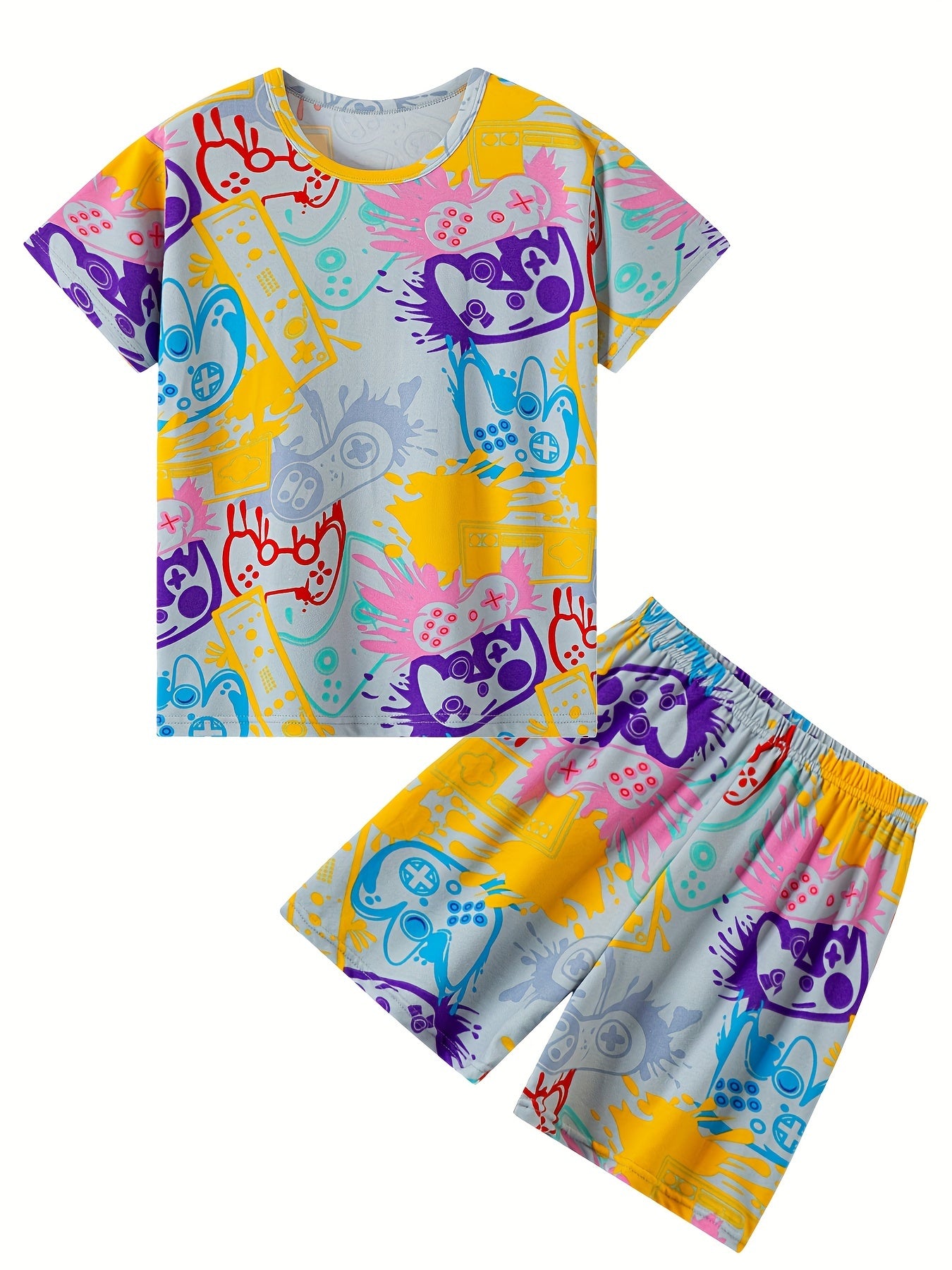 2pcs Boys Casual Gamepad Graffiti Print Versatile Short Sleeve T-shirt & Shorts Set, Cool, Lightweight And Comfy Summer Clothes