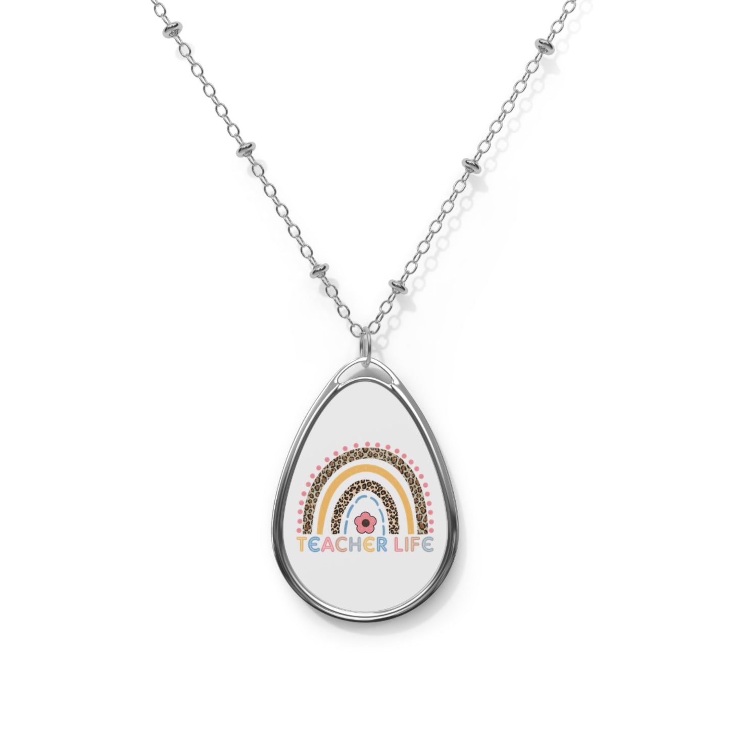 Teacher Life Rainbow Leopard Oval Necklace