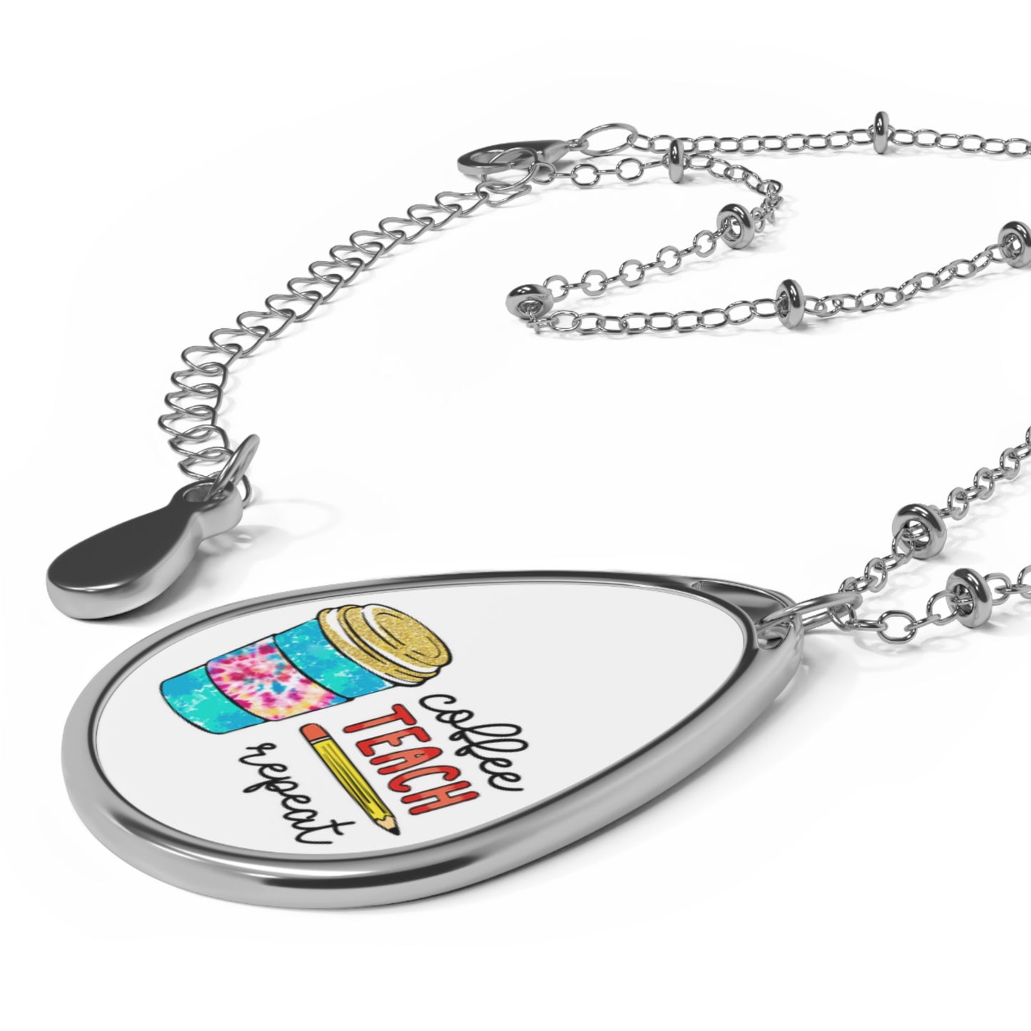 Coffee Teach Repeat Teacher Oval Necklace