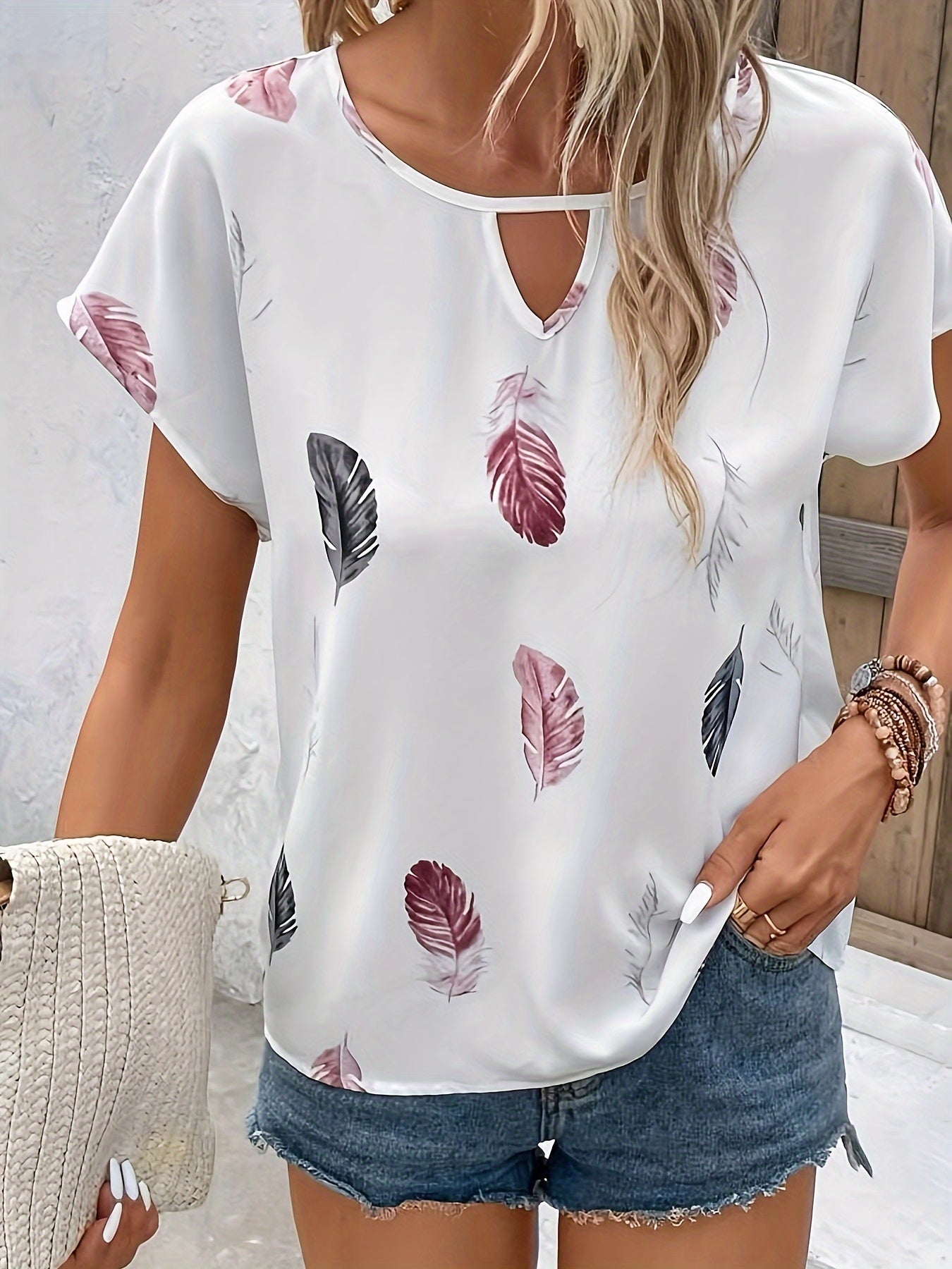 Feather Print Keyhole Blouse, Casual Crew Neck Short Sleeve Blouse For Spring & Summer, Women's Clothing