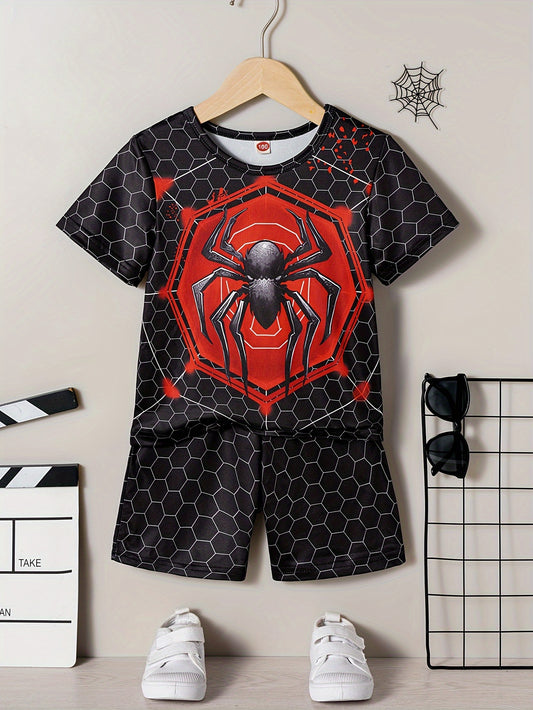 Trendy Spider 3D 2pcs Boys Casual Graphic Print Short Sleeve T-shirt & Shorts Set, Comfy Summer Boys Clothes