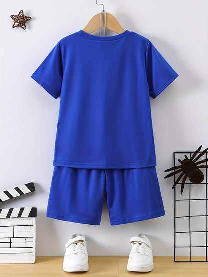 2pcs Boys Casual Spider Graphic Print Short Sleeve T-shirt & Shorts Set, Comfy Summer Boys Clothes