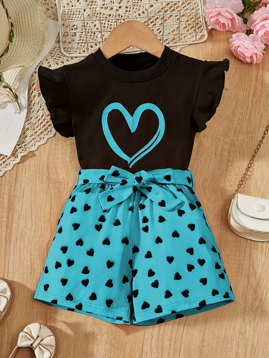 Girls 2pcs Heart Graphic Flutter Trim T-shirt Top + Heart Graphic Shorts Set Summer Party Valentine's Day