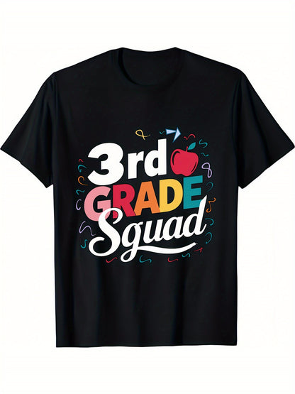 3rd GRADE Squad & Apple Graphic Print Tee, Girls' Casual & Trendy & Breathable Cotton T-shirt For Spring & Summer, Girls' Clothes For Outdoor Activities