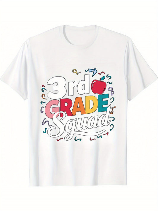 3rd GRADE Squad & Apple Graphic Print Tee, Girls' Casual & Trendy & Breathable Cotton T-shirt For Spring & Summer, Girls' Clothes For Outdoor Activities