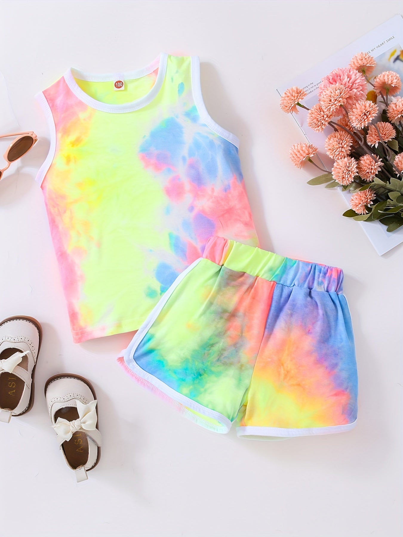 2pcs Toddler Girls Rainbow Tie Dye Tank Top & Elastic Waist Contrast Binding Track Shorts Set Kids Summer Clothes