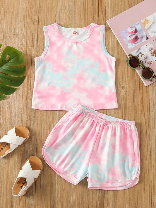 Kids Girls Daily & Casual Elastane Crew Neck Polyester Tie Dye Sleeveless Tank Top & Shorts Set For Summer Party