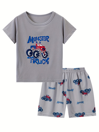 2 Pcs Boys Cute Pajama Sets, Allover Off-road Vehicle Print Short Sleeve T-Shirts & Shorts, Comfortable & Cute Style Pajamas For Boys Cozy Loungewear