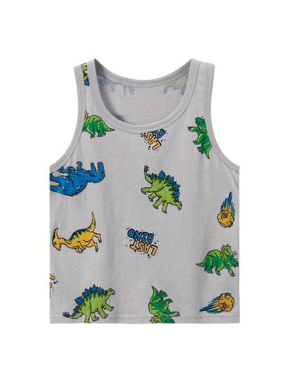 2pcs Dinosaur Full Graphic Print Boys Creative Sleeveless Tank Tops&Shorts Set, Casual Vest&Shorts, Boys Clothing