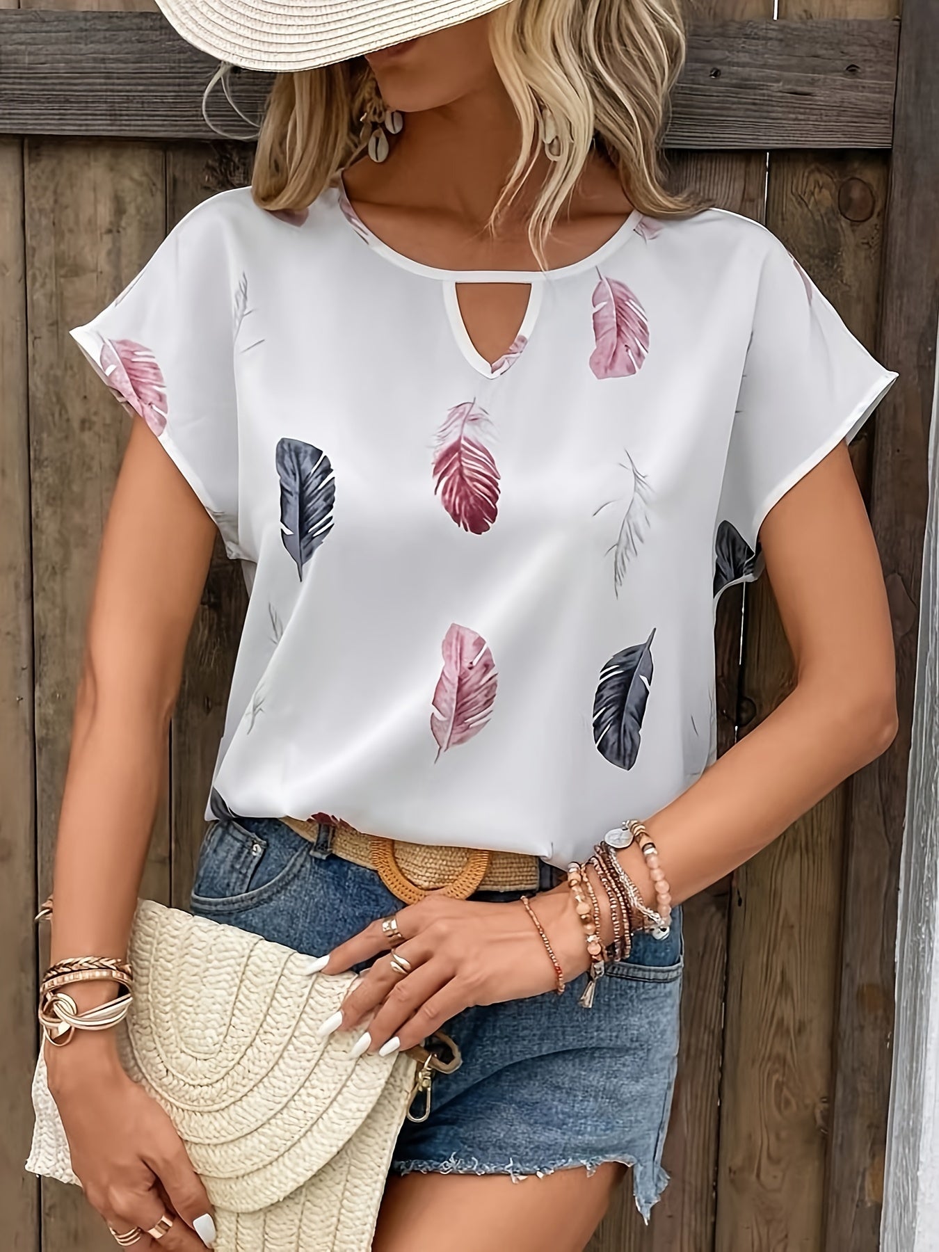 Feather Print Keyhole Blouse, Casual Crew Neck Short Sleeve Blouse For Spring & Summer, Women's Clothing