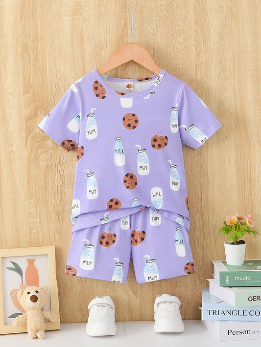 Boys Cartoon Biscuit And Milk Outfit Shorts & T-shirt Short Sleeves Crew Neck Casual Summer Kids Clothes