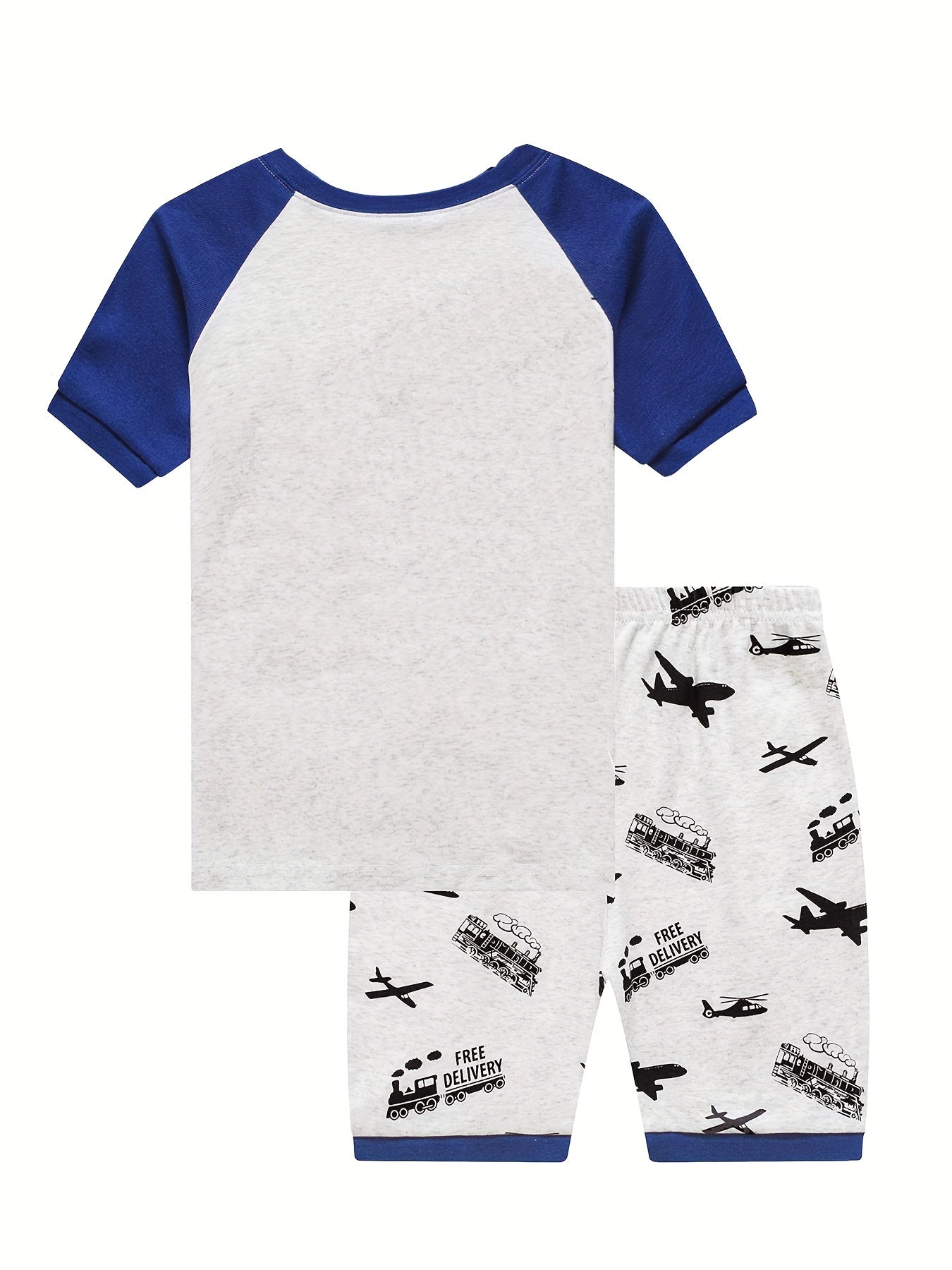 2 Sets Short Sleeve T-shirts + Shorts Pajamas, Spring/Summer Comfort Fit Sleepwear, Casual Style Steam Train Graphics Crew Neck Tops With Matching Shorts Suits