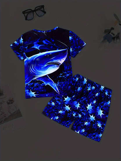 2 Pcs Boys Cute Pajama Sets, 3D Digital Shark Print Short Sleeve T-Shirts & Shorts, Comfortable & Skin-friendly Style Pajamas For Boys Cozy Loungewear