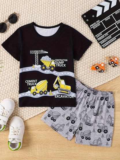 2pcs Boys Milk Fiber Fabric Pajamas Set Cartoon Excavator Engineering Car Pattern Print Short Sleeve Pullover Top & Shorts Two-piece Set Comfortable Casual Loungewear