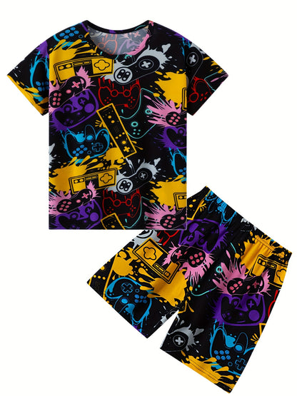 2pcs Boys Casual Gamepad Graffiti Print Versatile Short Sleeve T-shirt & Shorts Set, Cool, Lightweight And Comfy Summer Clothes