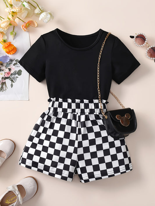 2-Piece Girl's Trend Checkered Shorts + Basic T-Shirt Set Holiday/ Casual Outfit Summer Gift