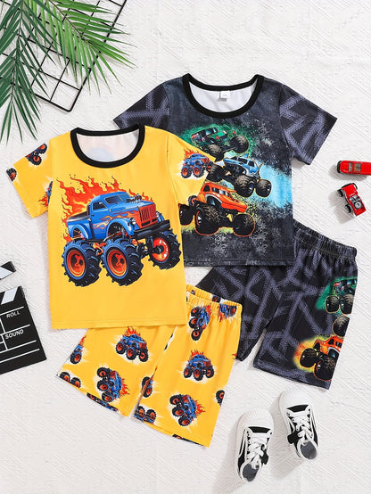 2 Pcs Boys Cute Pajama Sets, Cartoon Car Pattern Short T-Shirts & Shorts, Comfortable & Cute Style Pajamas For Boys Cozy Loungewear