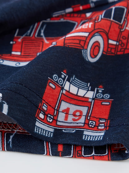 2pcs Boys' Fire Truck Cartoon Print Pajama Set, Kids Summer Short Sleeve T-Shirt And Shorts Sleepwear, Comfortable Casual Party Loungewear Suit