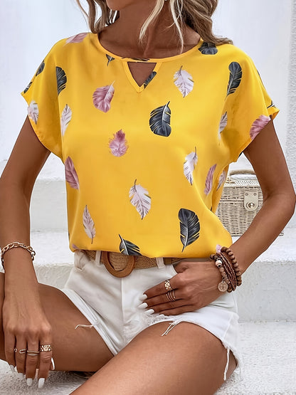 Feather Print Keyhole Blouse, Casual Crew Neck Short Sleeve Blouse For Spring & Summer, Women's Clothing