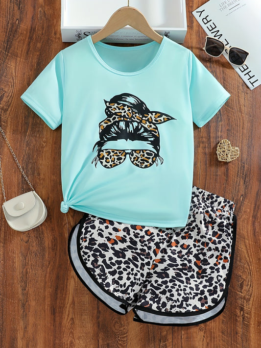 2PCS, Girls Leopard Print Shorts + Figure Print Graphic Top Summer Two-piece Set