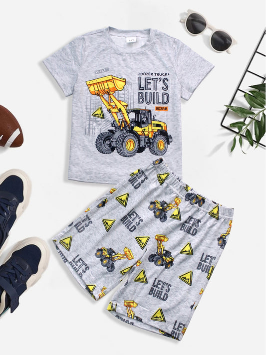 Boys 2pcs Cartoon Digger Pattern Print Spring Summer Loungewear Set, Short Sleeve Crew Neck Top & Short Set, Cool Pattern Comfy PJ Set, Kids' Cozy Sleepwear Outfit