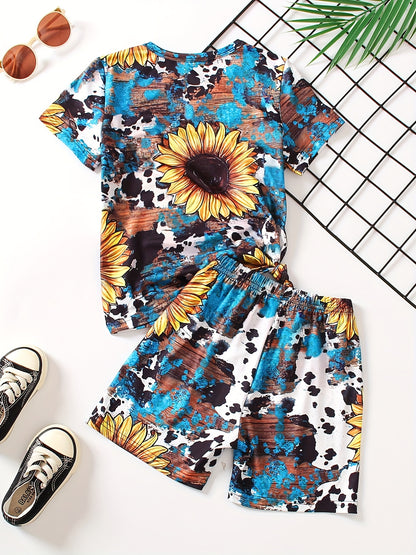 Girls 2pcs T-shirt & Elastic Waist Shorts PERFECTLY IMPERFECT Sunflower Print Crew Neck Short Sleeve Tee Top Casual Kids Clothes Summer