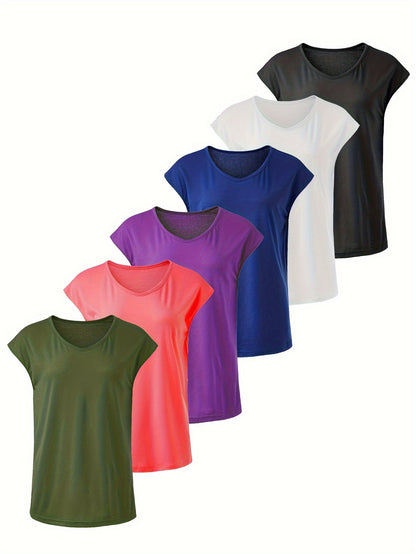 6pcs Solid Casual Sports Women's Short Sleeve Crew Neck T-shirts Set, Summer Outdoor Activewear