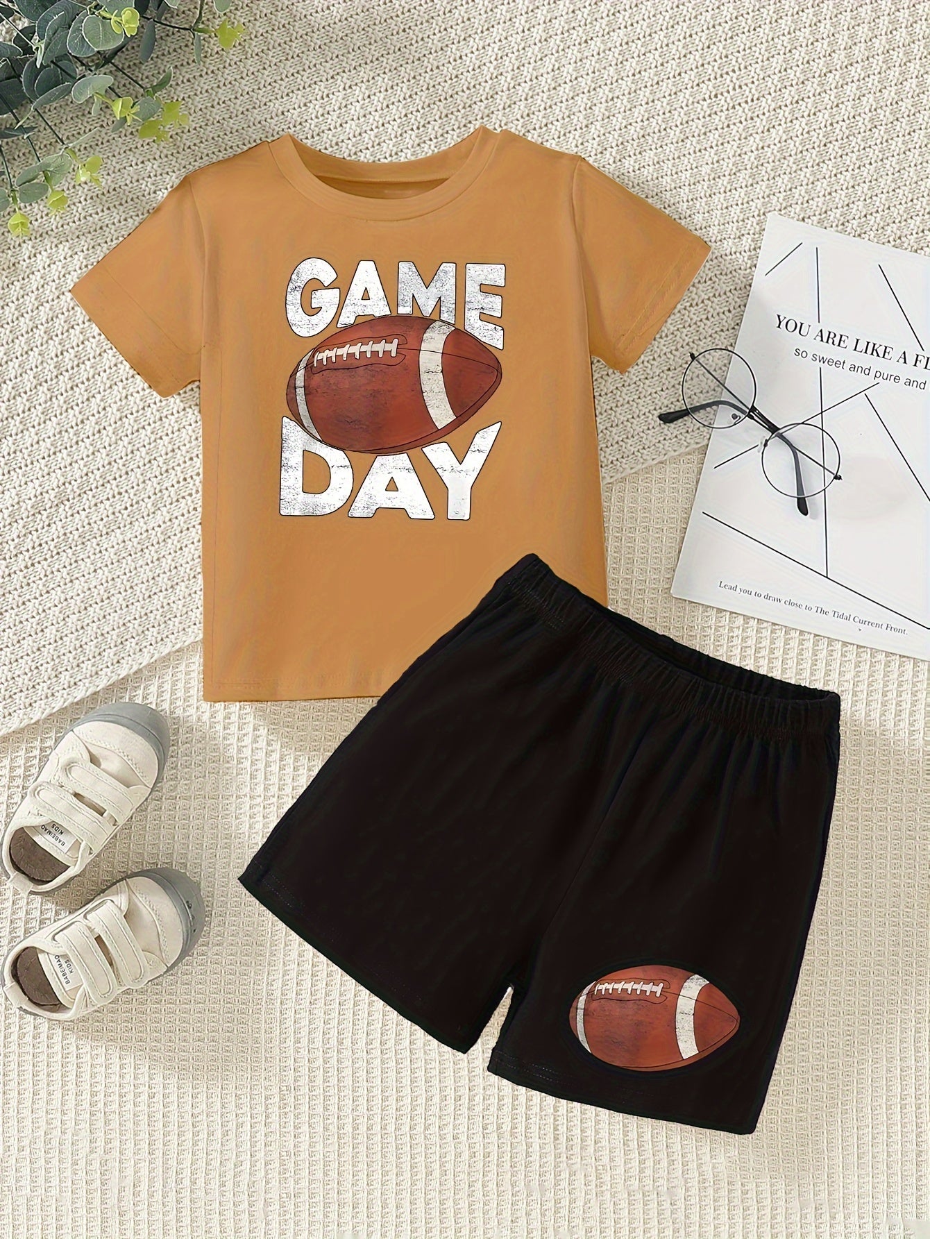 2pcs Cute Football GAME DAY Print Casual Short Sleeve T-shirt & Shorts Set For Boys & Baby Boys, Cool Comfortable Trendy Versatile Toddlers Boys Summer Outfits Clothes