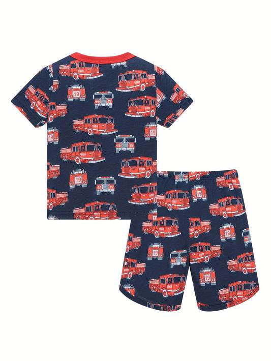 2pcs Boys' Fire Truck Cartoon Print Pajama Set, Kids Summer Short Sleeve T-Shirt And Shorts Sleepwear, Comfortable Casual Party Loungewear Suit