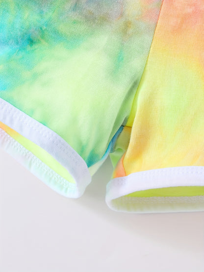 2pcs Toddler Girls Rainbow Tie Dye Tank Top & Elastic Waist Contrast Binding Track Shorts Set Kids Summer Clothes