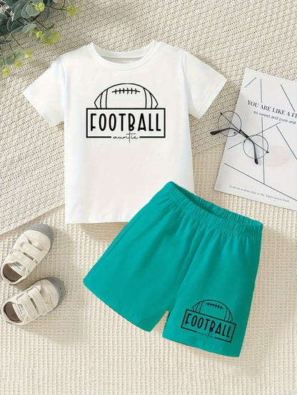 2pcs Cute FOOTBALL Print Casual Short Sleeve T-shirt & Shorts Set For Boys & Baby Boys, Cool Comfortable Trendy Versatile Toddlers Boys Summer Outfits Clothes