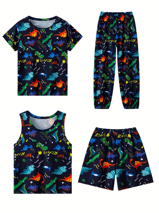 4 Pcs Boy's Funny Science Dinosaur Pattern Short Sleeves + Shorts + Vest + Trousers Multi-pack Pajama Set, Comfortable & Skin-friendly Style Pajamas For Boy's Cozy Loungewear