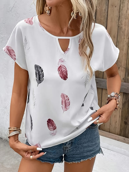 Feather Print Keyhole Blouse, Casual Crew Neck Short Sleeve Blouse For Spring & Summer, Women's Clothing