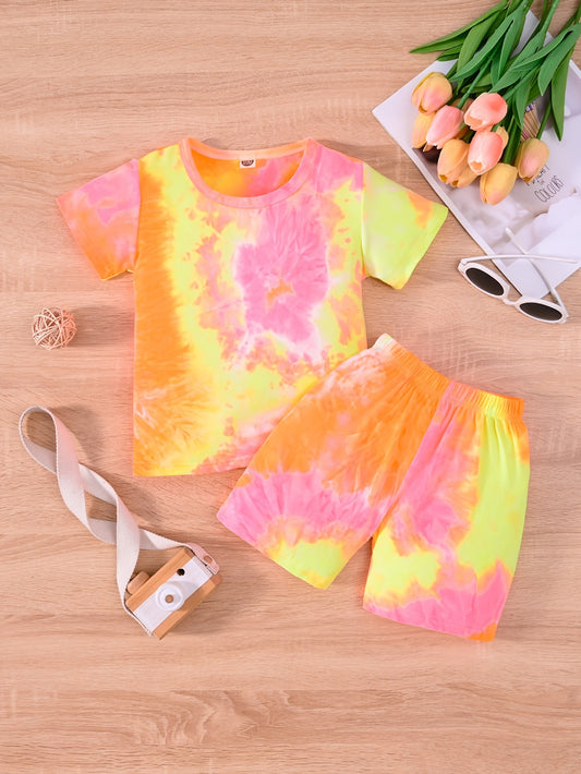 2pcs Girls Round Neck T-Shirts Tie Dye Short Sleeve Tees Top & Elastic Waist Shorts Set Kids Summer Clothes