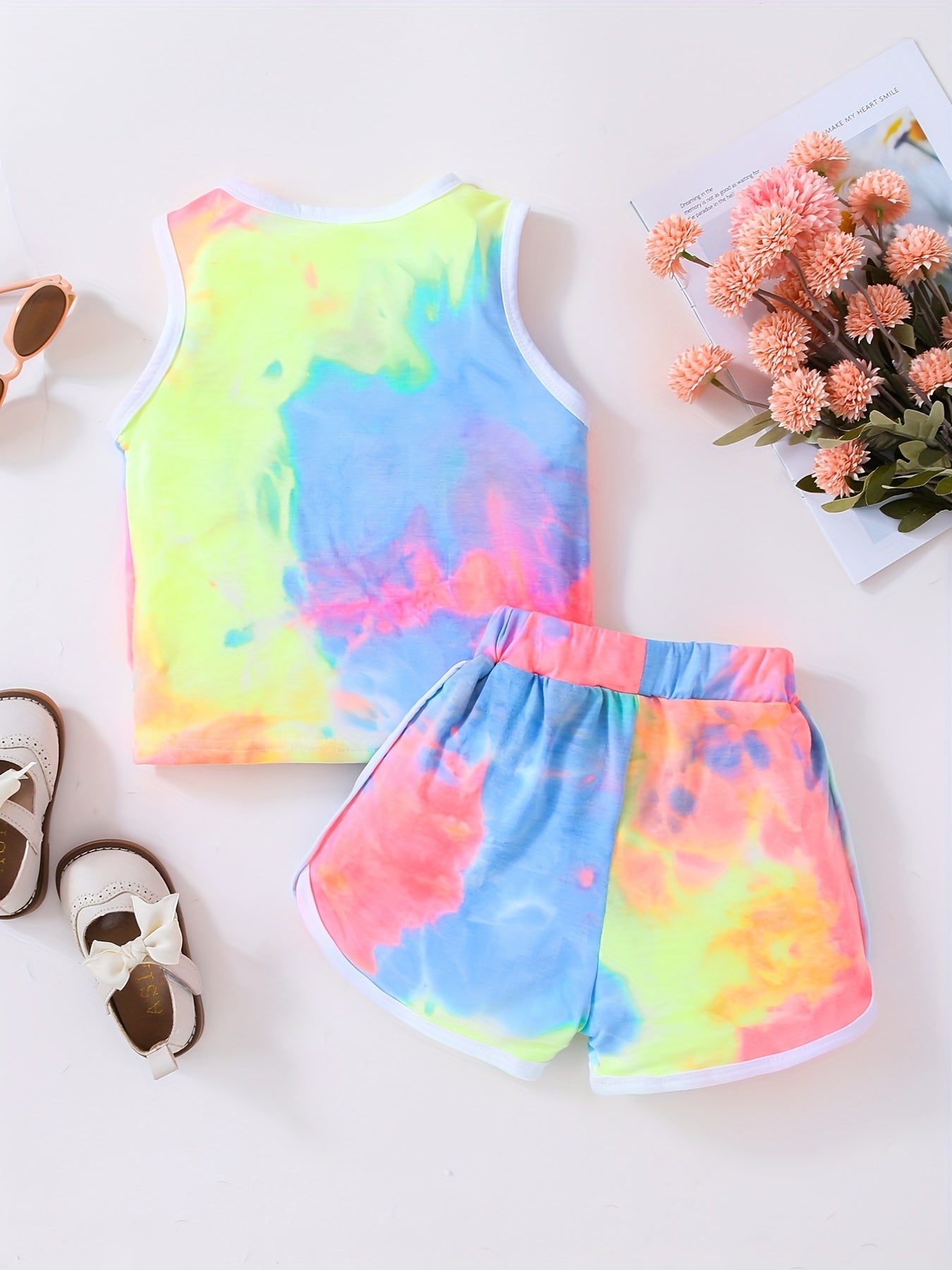 2pcs Toddler Girls Rainbow Tie Dye Tank Top & Elastic Waist Contrast Binding Track Shorts Set Kids Summer Clothes