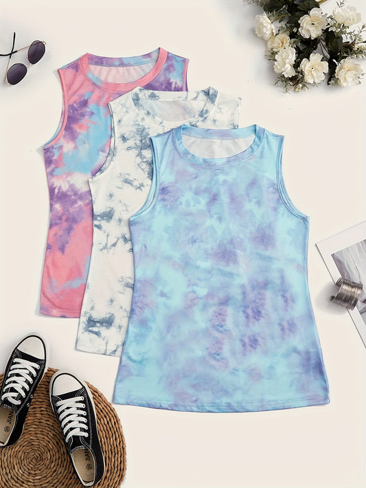 3-Pack Women's Casual Tie-Dye Tank Tops, Sleeveless Athletic T-Shirts, Comfort Fit Multi-Color Sportswear