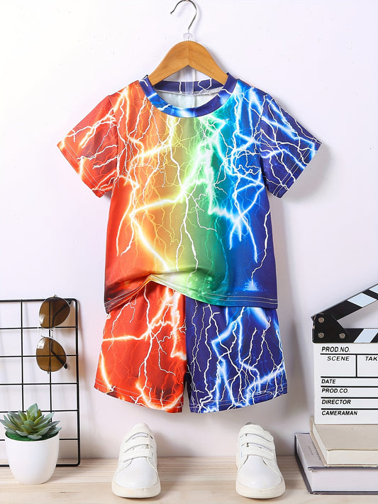 2pcs Boys Casual Colorful Lightning 3D Graphic Print Short Sleeve T-shirt & Shorts Set, Comfy Summer Boys Clothes