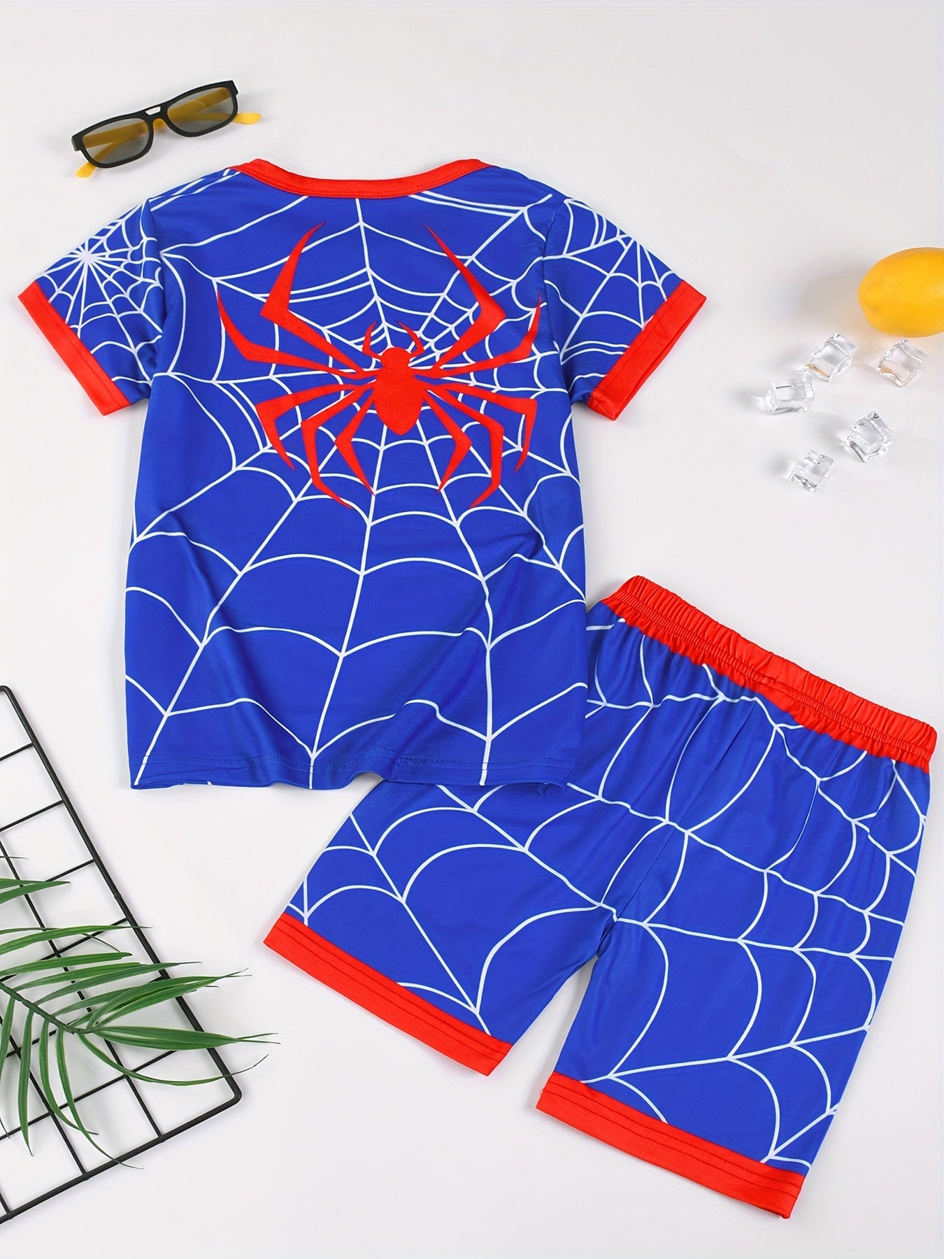 2 Pcs Baby Boys Cute Pajama Sets, Slight Stretch Print Short Shirt & Shorts, Fashion Design With Spider Pattern, Comfortable & Cute Style Pajamas For Boys Cozy Loungewear