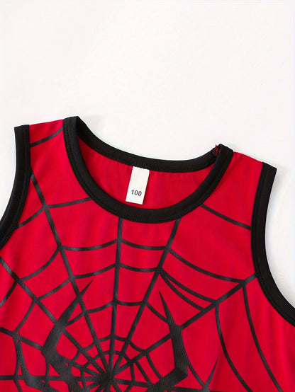 2pcs Boys Spider Web Print Comfortable Versatile Sleeveless Tank Top & Shorts Set, Cool, Lightweight And Comfy Summer Clothes