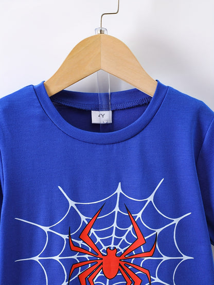 2pcs Boys Casual Spider Graphic Print Short Sleeve T-shirt & Shorts Set, Comfy Summer Boys Clothes