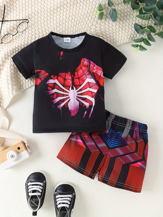 2pcs Toddler Kid's Trendy Spider Print Summer Set, T-shirt & Casual Shorts, Baby Boy's Clothes For Daily Wear