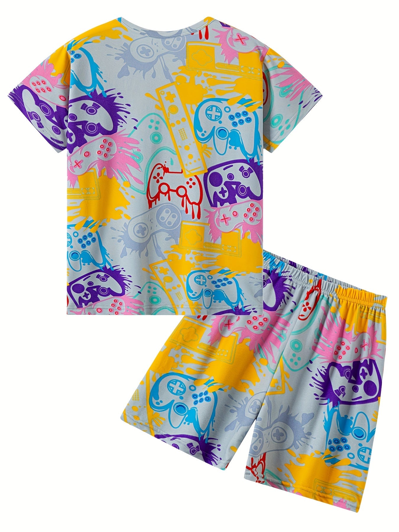 2pcs Boys Casual Gamepad Graffiti Print Versatile Short Sleeve T-shirt & Shorts Set, Cool, Lightweight And Comfy Summer Clothes