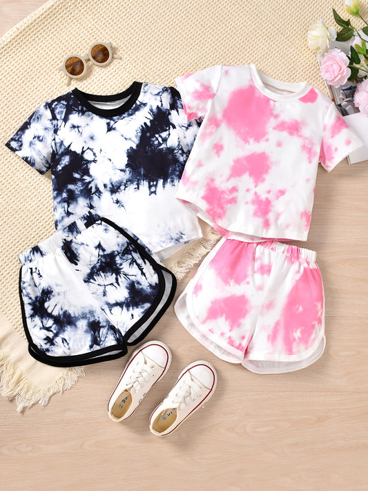 Girls Round Neck T-Shirts Tie Dye Short Sleeve Tees Top & Elastic Waist Shorts Twins Set Kids Summer Clothes