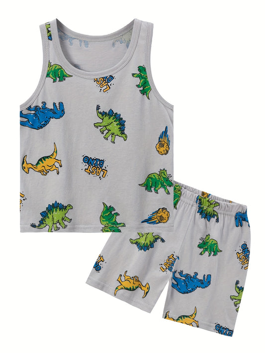 2pcs Dinosaur Full Graphic Print Boys Creative Sleeveless Tank Tops&Shorts Set, Casual Vest&Shorts, Boys Clothing